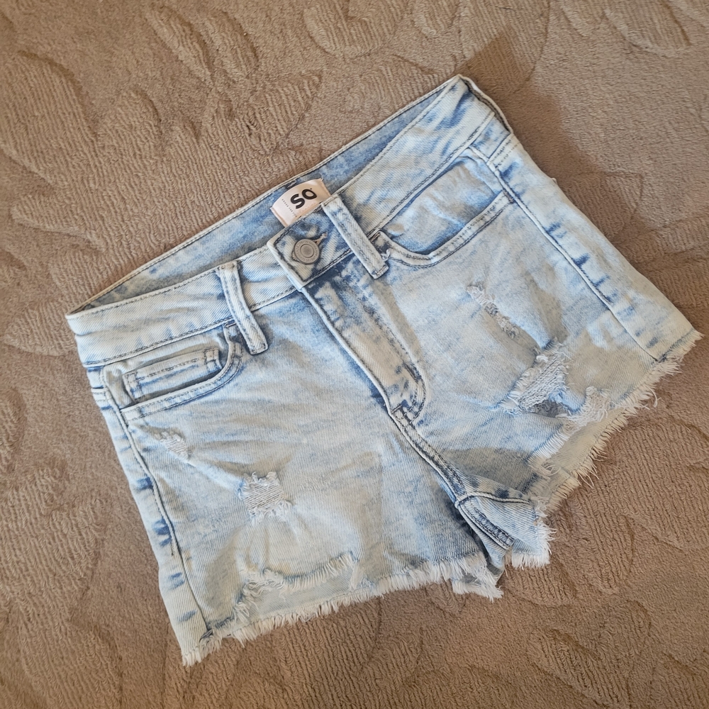 High Rise Shortie Distressed Light Denim Shorts